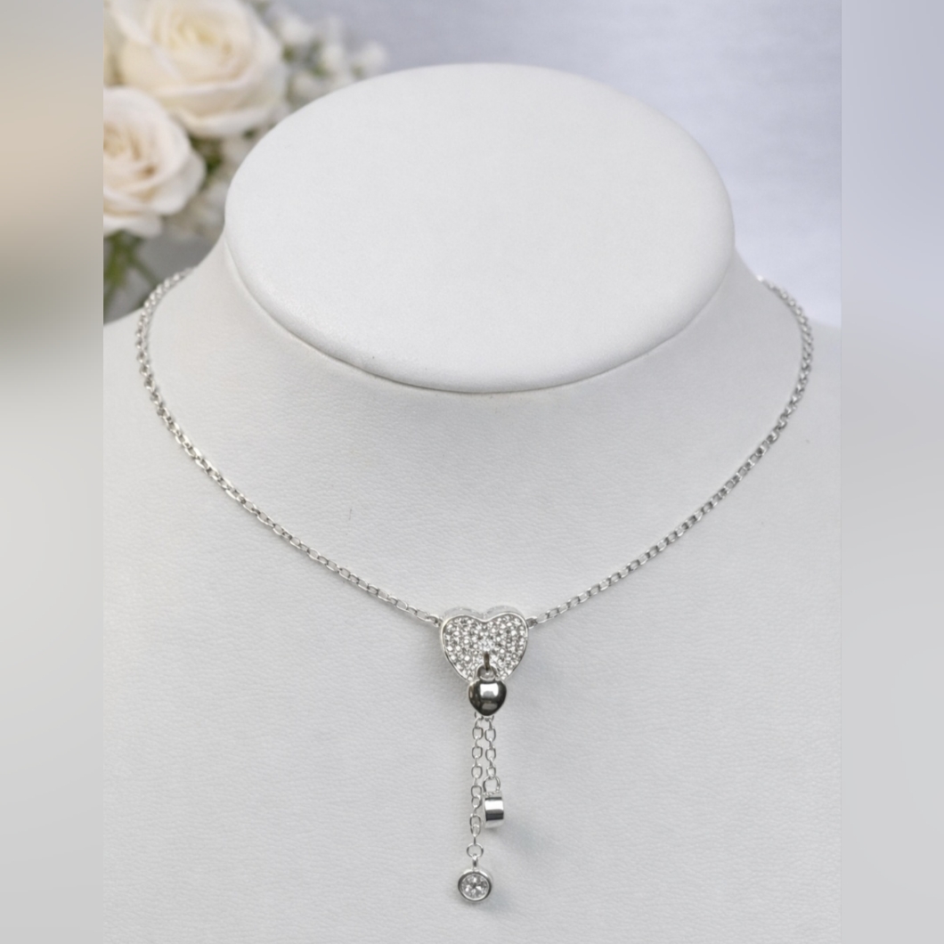 Heart Drop Cz Adjustable Necklace Polished Finish 925 Mex. Sterling Silver